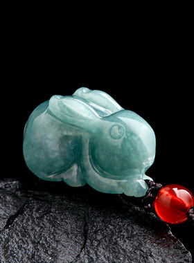正品天然A货保真翡翠蓝水玉兔立体兔生肖兔玉石吊坠可爱女款挂件