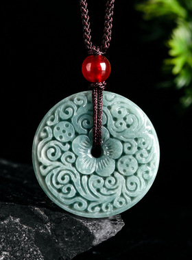 天然a货保真翡翠蓝水仿古雕花平安扣玉石吊坠保平安男士女款挂件