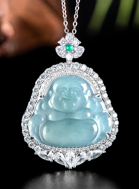 天然a货翡翠蓝水佛公S925银镶冰种玉石吊坠玉坠女款项链时尚挂件