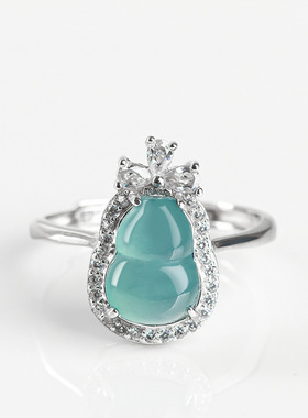 S925银镶嵌天然A货翡翠蓝水葫芦冰种玉石戒指时尚指环女款可调节