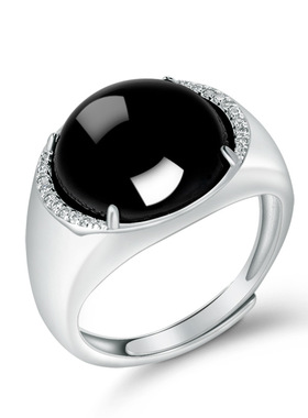 S925银镶天然正品A货翡翠墨翠蛋面戒指冰种玉石指环男戒可调节