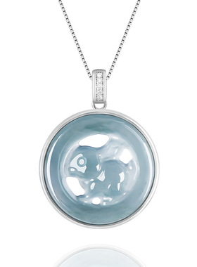 天然A货翡翠蓝水生肖兔吊坠S925银镶冰种玉石挂件可爱女款玉坠