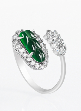 S925银天然A货翡翠墨翠叶子树叶冰种玉石戒指时尚指环女款可调节