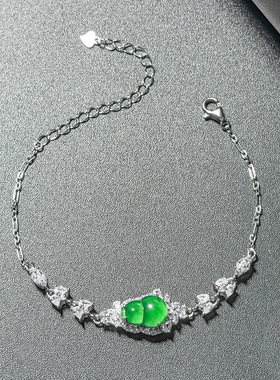 天然正品a货翡翠阳绿葫芦手链冰种S925银镶玉石女款时尚饰品高档