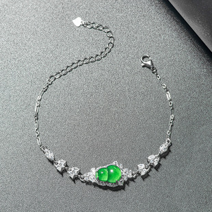 天然正品a货翡翠阳绿葫芦手链冰种S925银镶玉石女款时尚饰品高档