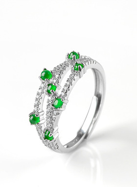 天然A货翡翠阳绿戒指冰种玉石S925银镶时尚指环女款简约可调节