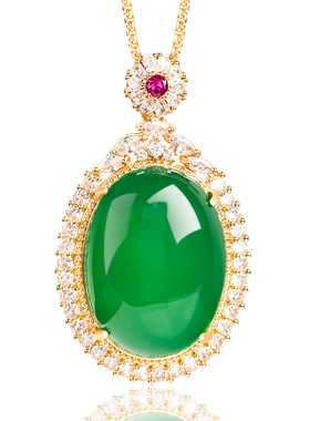 正品天然绿玛瑙蛋面铜镀金镶冰种玉石吊坠玉坠女款项链时尚挂件