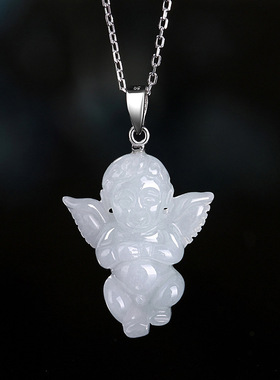 天然正品缅甸A货保真翡翠天使宝宝吊坠银扣银链玉石挂件饰品玉器