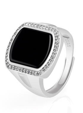 天然A货翡翠墨翠马鞍戒冰种玉石S925银镶戒指高档大气男戒可调节