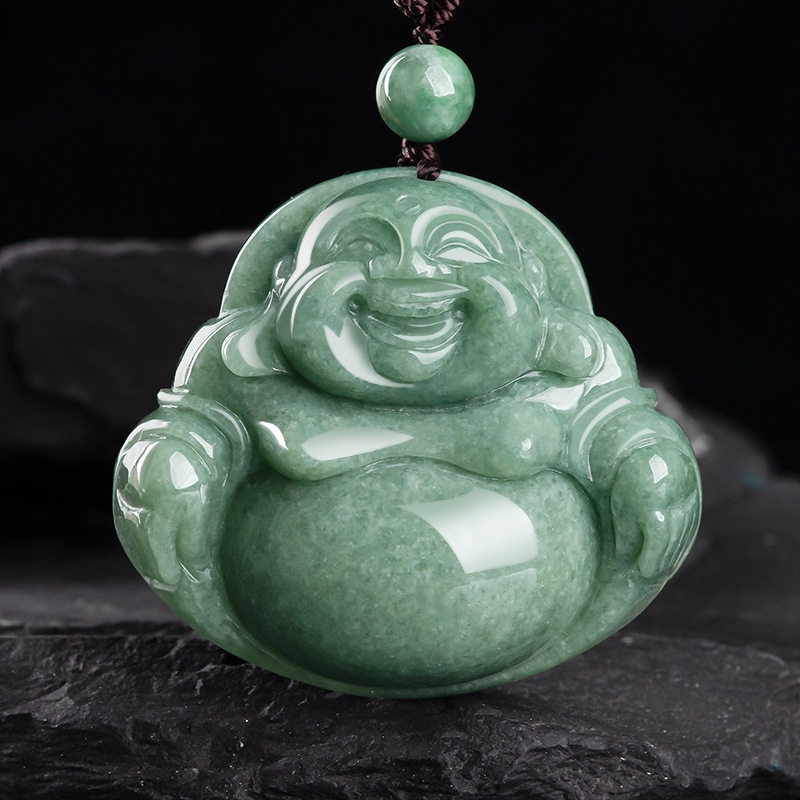 天然正品a货保真翡翠豆绿佛公弥勒佛冰种挂坠玉石吊坠挂件女玉器