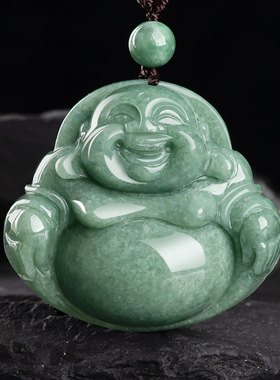 天然正品a货保真翡翠豆绿佛公弥勒佛冰种挂坠玉石吊坠挂件女玉器