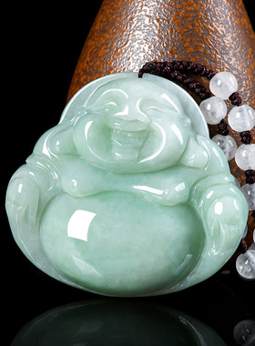 天然缅甸a货翡翠浅绿大佛公弥勒佛冰种玉石吊坠男女款项链挂件