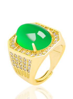 正品天然绿玛瑙保真戒指铜镀金镶玉髓冰种玉石男款指环时尚挂件