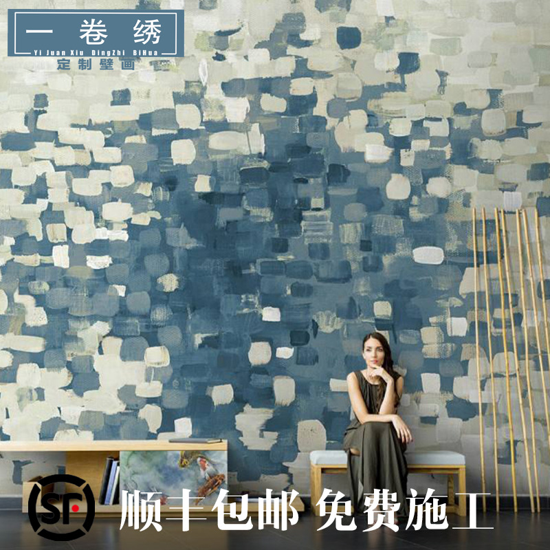 北欧手绘金色蓝色抽象壁纸客厅电视背景墙纸无缝沙发无纺布墙布(非品牌)
