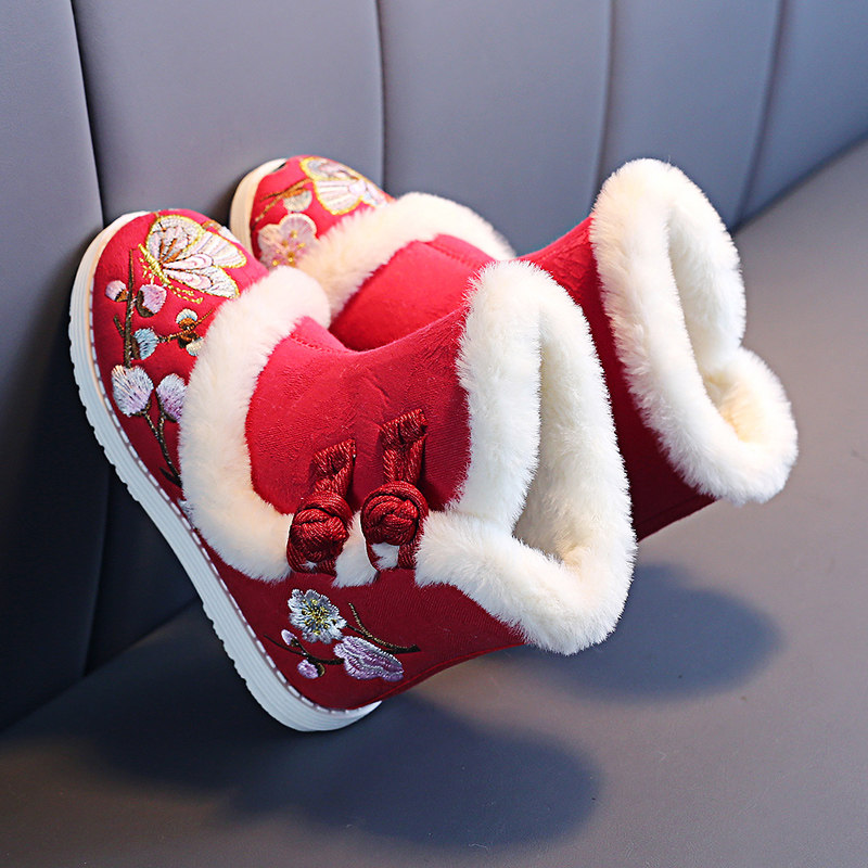 女童冬季汉服鞋加绒绣花鞋棉靴