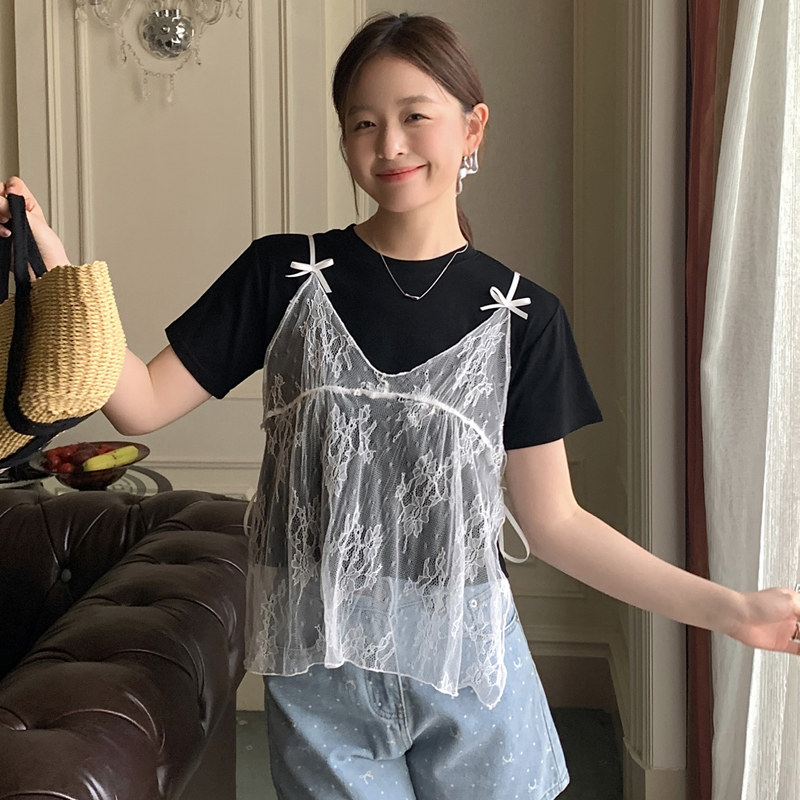 辣妹勾花叠穿吊带背心女2024夏新款韩系显瘦小众蕾丝网纱休闲上衣