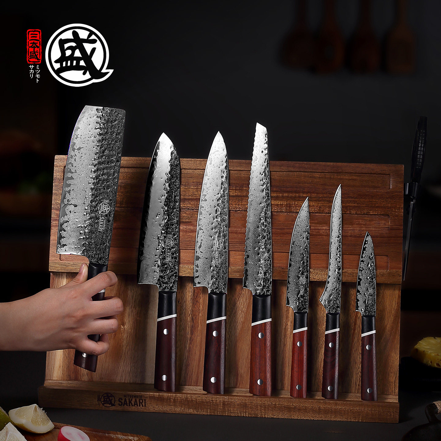 三本盛菜刀套装大马士革纹钢