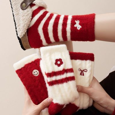 澳绒新年袜子女红袜子圣诞袜加厚保暖羊绒袜本命年大红袜可爱