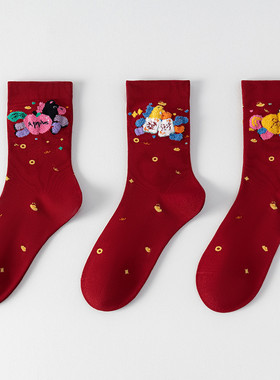 韩国东大门ins潮马年可爱中筒袜新年鸿运红色喜庆无骨棉袜长袜子