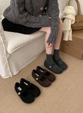 复古晚晚风灰色毛毛鞋女冬外穿圆头玛丽珍鞋内厚底勃肯鞋