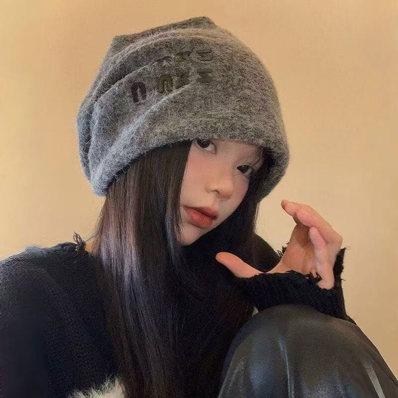 慵懒风灰色堆堆帽子女秋冬季日系百搭显脸小冷帽大头围保暖包头帽