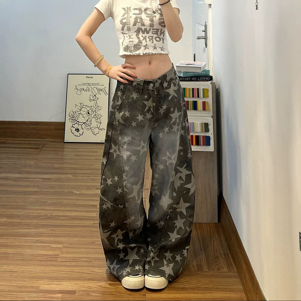 设计感百搭迷彩色裤子星星印花牛仔裤女宽松显瘦拖地高腰阔腿裤