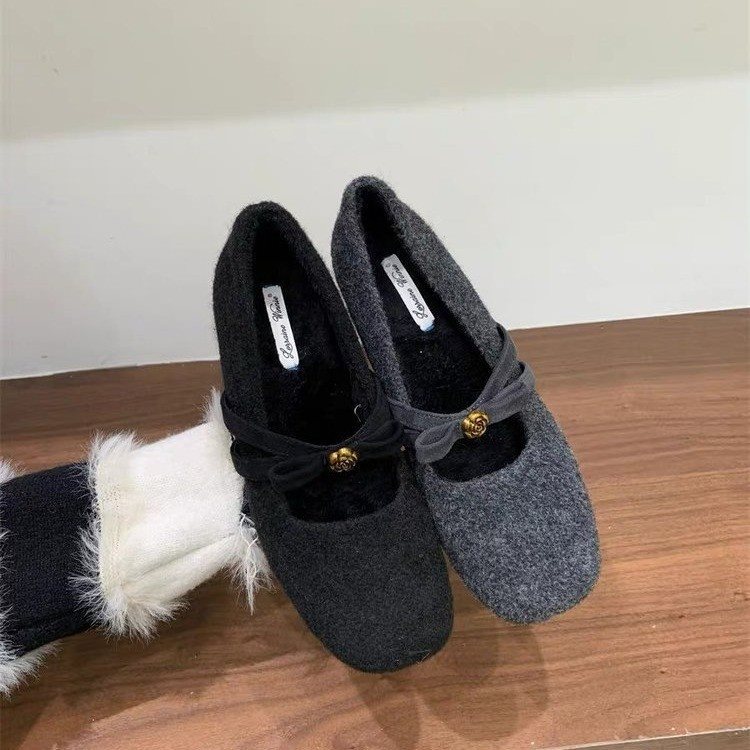 棉鞋女粗跟毛毛鞋女2025法式复古秋冬玛丽珍灰色仙女新款芭蕾舞风