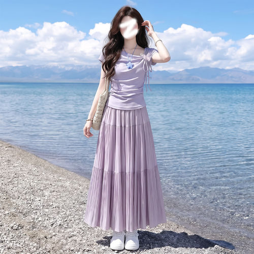 紫色半身裙女2026新款夏季小个子高腰垂感a字蛋糕裙半裙百褶长裙
