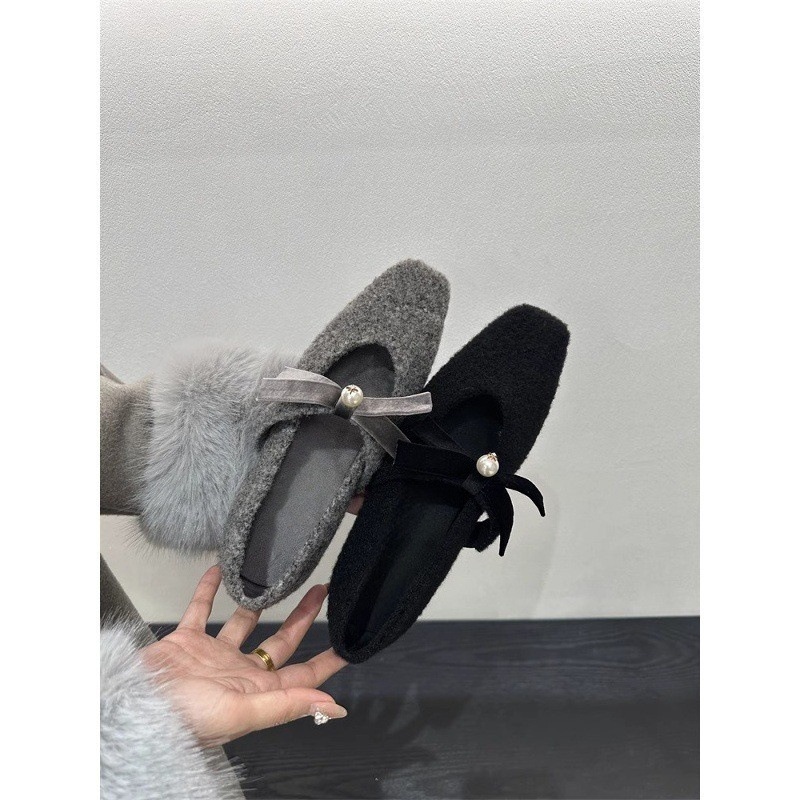 法式气质蝴蝶结晚晚鞋子浅口灰色单鞋女秋冬新款粗跟加绒玛丽珍鞋