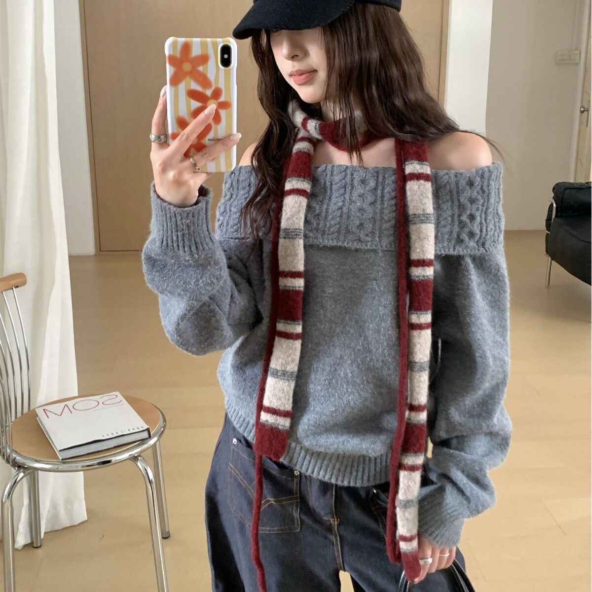 日系复古条纹y2k甜酷腊肠围巾女 秋冬保暖装饰凹造型时髦提花围脖