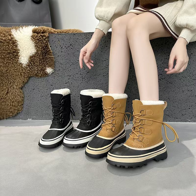复古真皮加绒加厚雪地靴女2025冬季新款厚底防滑东北大棉鞋中筒靴