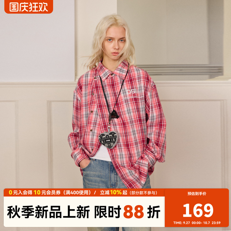 DONSMOKE斜门襟撞色格纹长袖衬衫DSM刺绣oversize复古宽松上衣