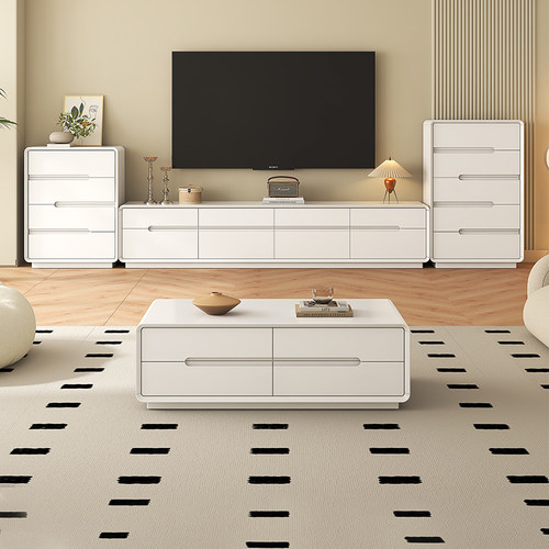 实木电视柜茶几组合奶油风