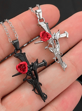 欧美复古红玫瑰十字架项链女