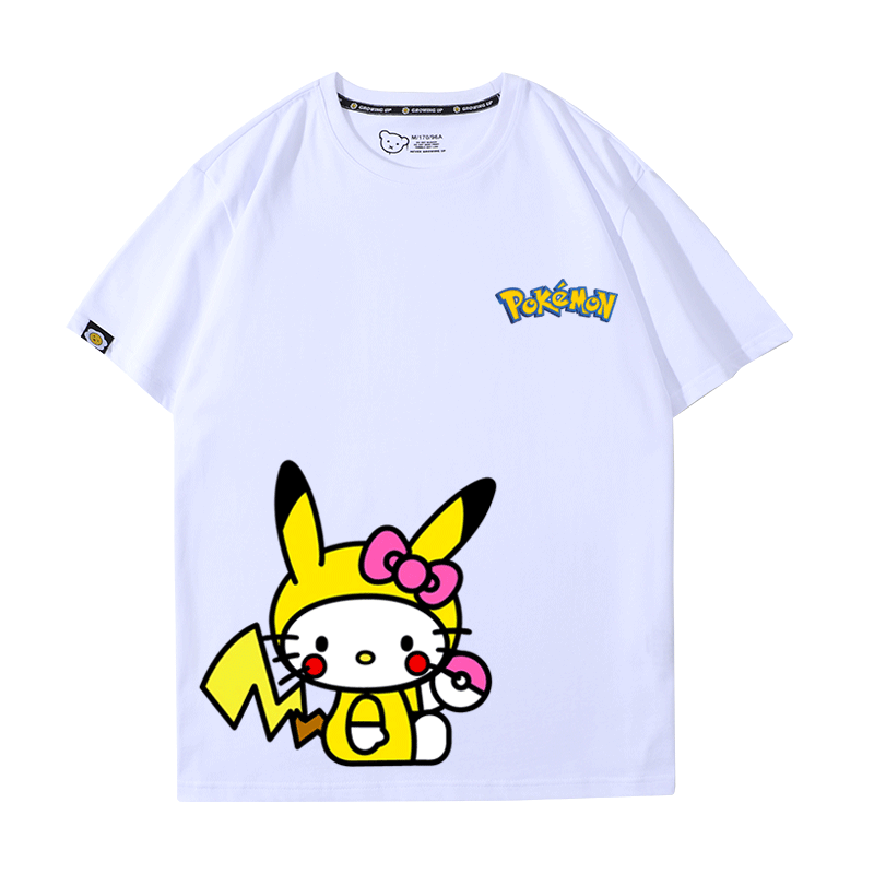 潮牌卡通哈喽kitty猫联名宝可梦皮卡丘印花t恤衫男女情侣纯棉短袖