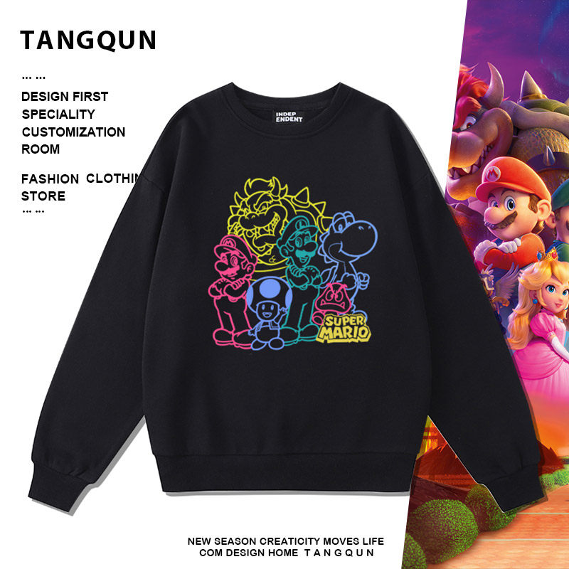 美式街头嘻哈风卡通马里奥潮牌黑色无帽卫衣男士宽松大版秋冬上衣
