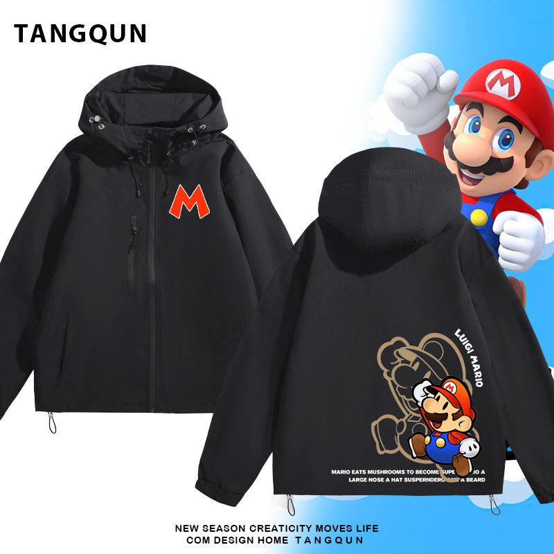 美式复古卡通玛丽奥路易吉游戏周边冲锋衣情侣装休闲连帽夹克外套