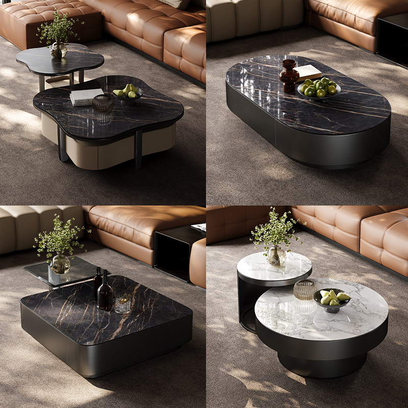 轻奢高端拉米娜岩板茶几家用现代简约德利丰不锈钢大小圆茶几组合
