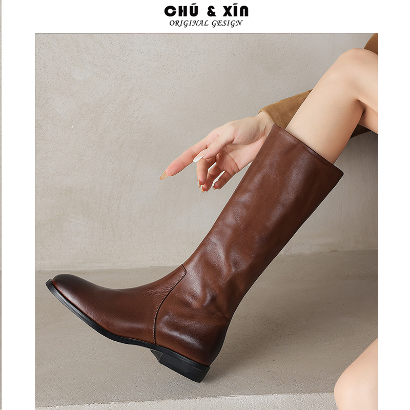 头层牛皮复古长筒靴新款骑士靴女