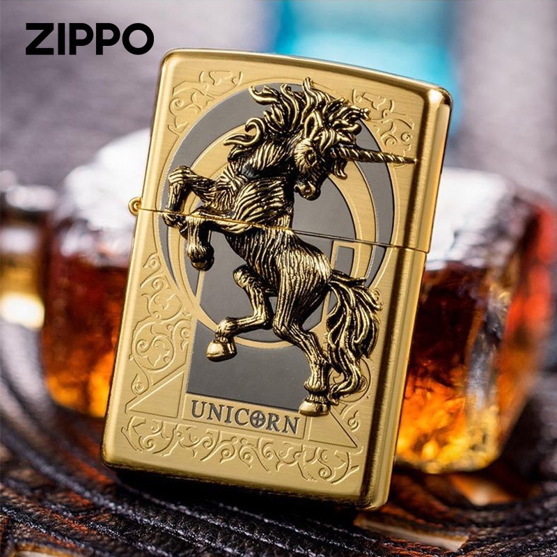 zippo打火机独角兽贴章黑冰蚀刻韩版原版正品之宝防风煤油送礼