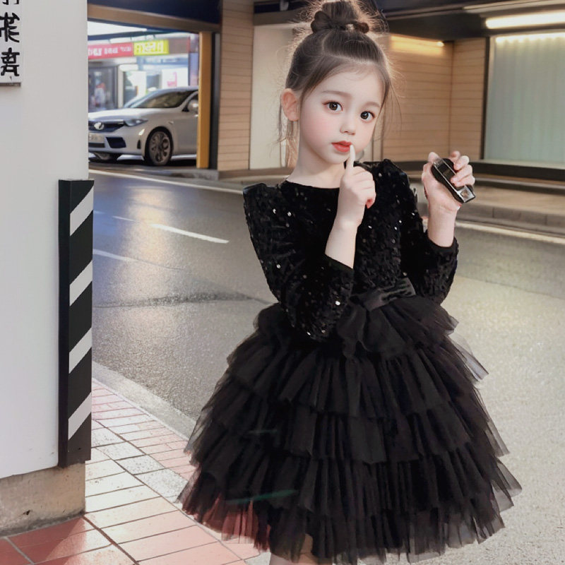 黑色花童婚礼女孩女童晚礼服高级公主裙秋冬季宝宝生日加绒连衣裙