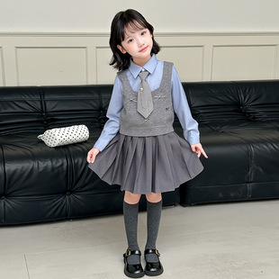 JK女童学院风连衣裙冬装儿童毛衣背心女孩冬季百褶公主裙套装裙子