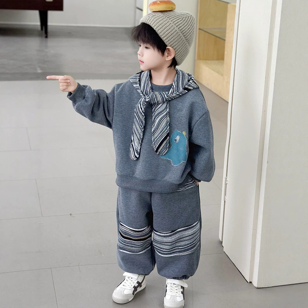 男童秋冬装套装2026新款小童男宝宝加绒加厚衣服儿童卫衣两件套潮