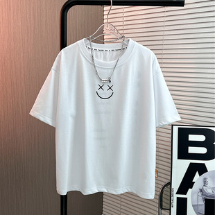 笑脸白色薄t体恤儿童中大童休闲宽松上衣 2026新款 男童夏季 棉短袖