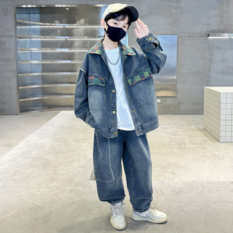 男童套装春秋款2025新款春季帅气大儿童时髦牛仔外套两件套春装潮