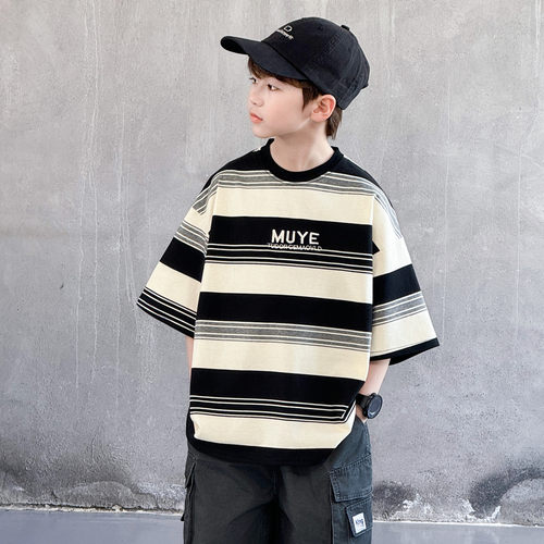 男童韩系条纹刺绣宽松短袖T恤