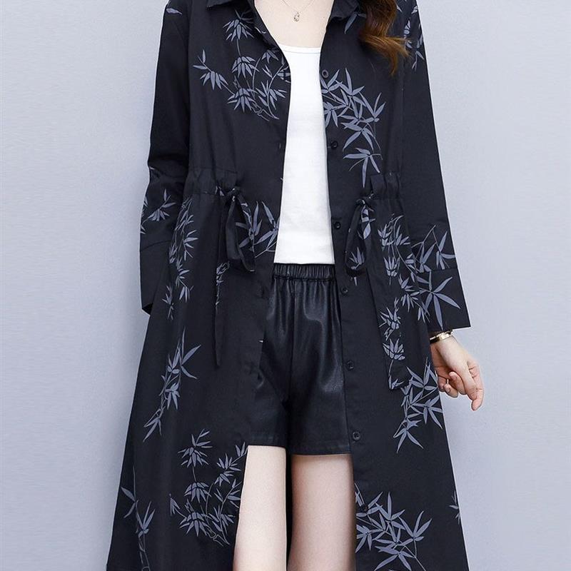 时尚大码连衣裙女2024春季新款韩版简约印花单排扣宽松显瘦衬衫裙
