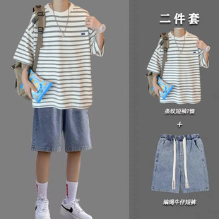 港风ins简约情侣五分袖 条纹短袖 男套装 夏季 搭配一套帅气潮 T恤男装