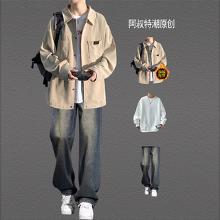 男港风潮流宽松日系复古休闲男装 套装 三件套 加绒灯芯绒衬衫 冬季