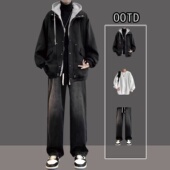 秋冬美式 毛呢连帽外套套装 男生加厚呢子夹克青少年高级感三件套